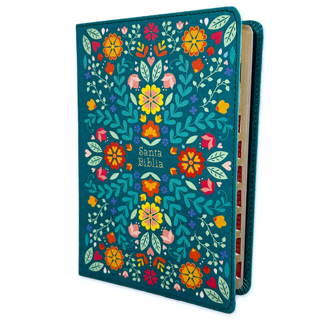 Biblia RVR60 Letra Grande 12 puntos imit. piel turquesa floreada con índice