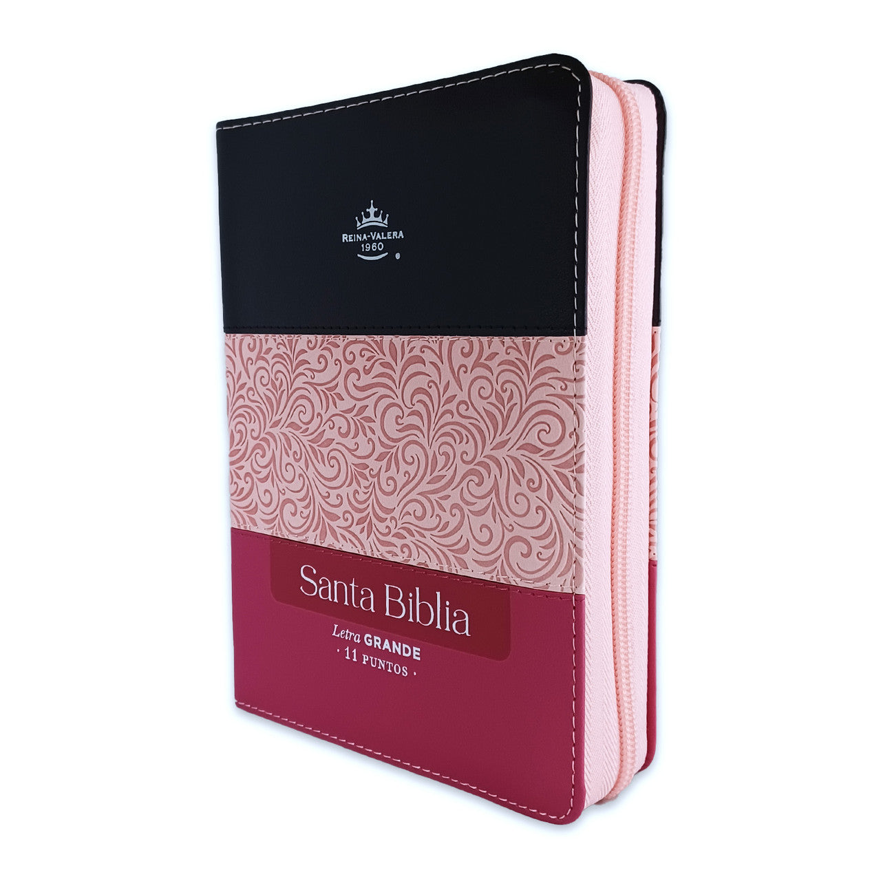 Biblia con Cierre Compacta 11 Puntos RV1960 Imit. Piel Tricolor Negro/Rosa/Fucsia con índice